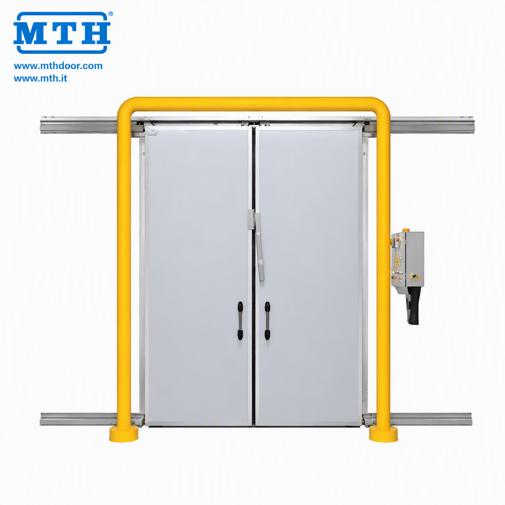 MTH Patented Rail Manual Double Leaf 304 Stainless Steel PU Insulated Emergency Open Walk in Freezer Cold Storage Sliding Door