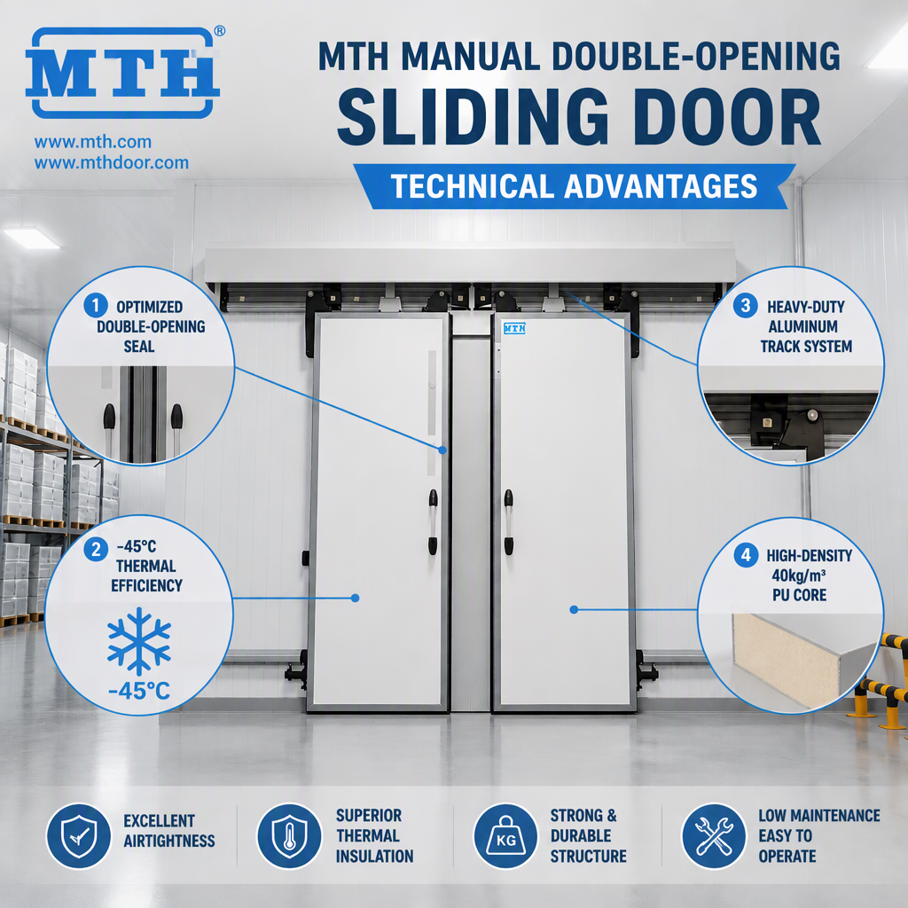 MTH Patented Rail Manual Double Leaf 304 Stainless Steel PU Insulated Emergency Open Walk in Freezer Cold Storage Sliding Door