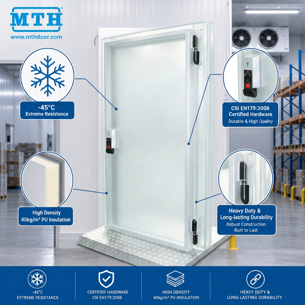 MTH 90 Degree Stay Open Insulated FPR Multiple Panel Material Options Walk in Freezer Cold Room Hinged Door