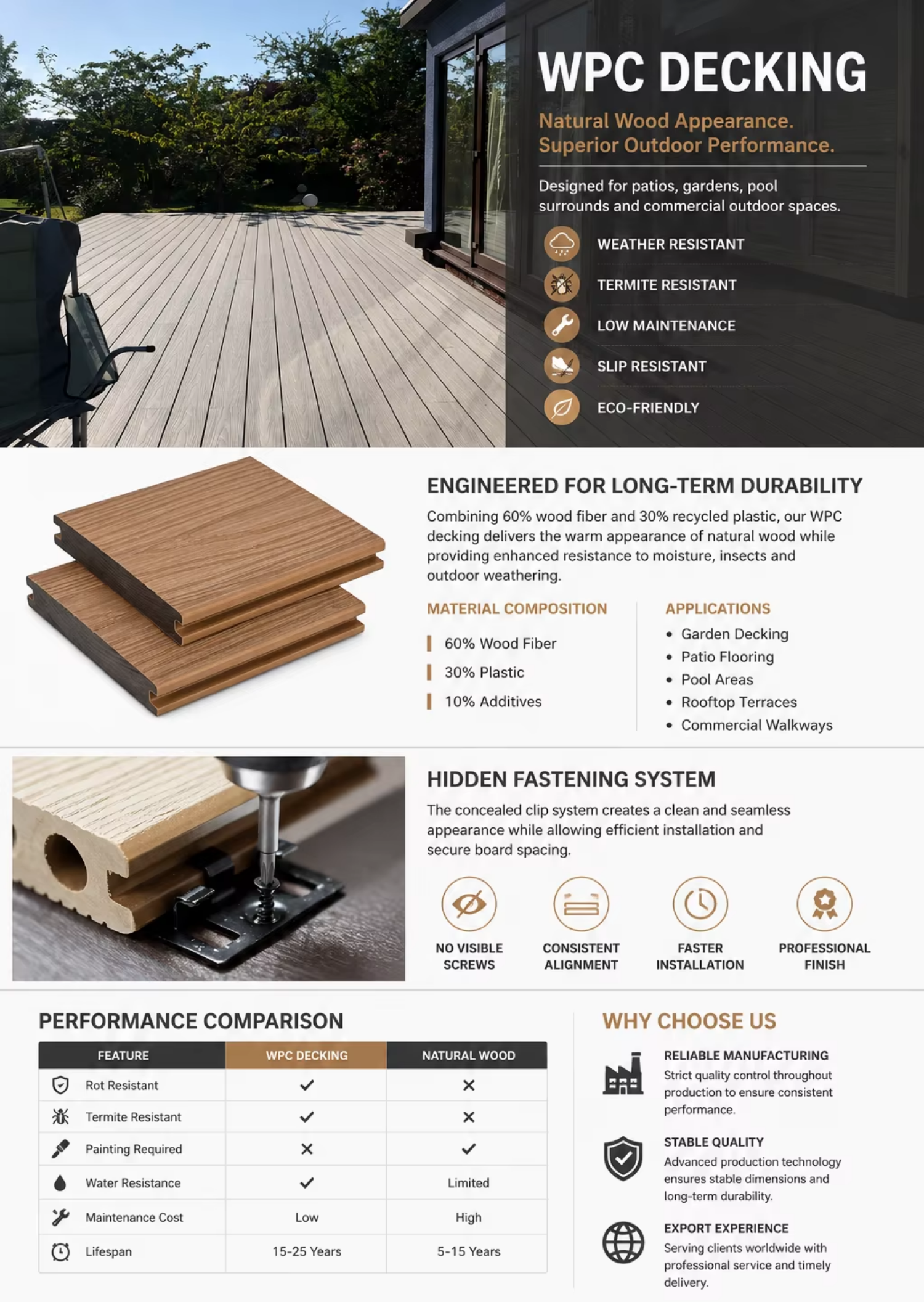WPC Extrusion Tough Composite Decking Structural Synthetic Lumber Custom Professionally Constructed Modern Click Outdoor Decking