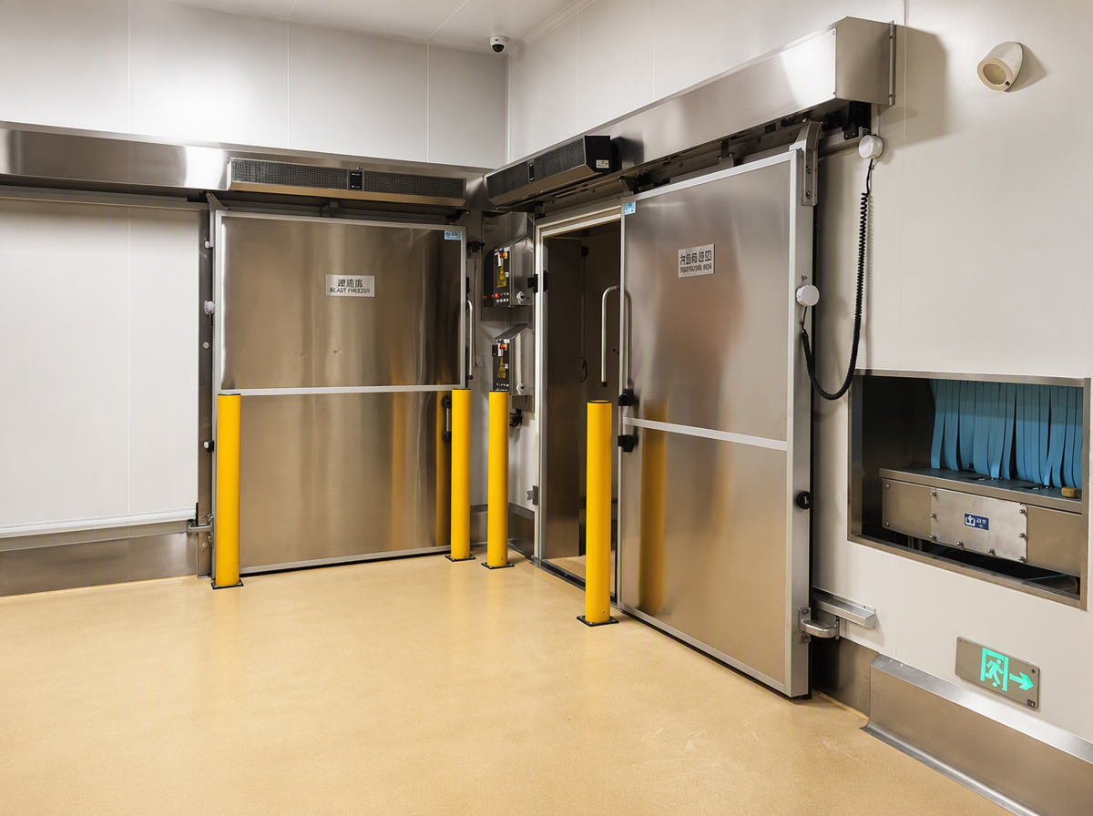 MTH Patented Rail Manual Double Leaf 304 Stainless Steel PU Insulated Emergency Open Walk in Freezer Cold Storage Sliding Door