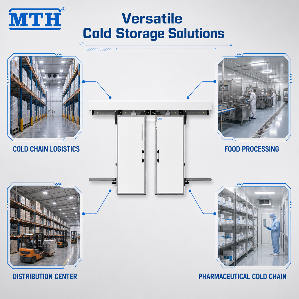 Custom Size Thermal Insulation Color Steel Plate Motorized Double Open Airtight Commercial Walk In Cooler Cold Room Sliding Door
