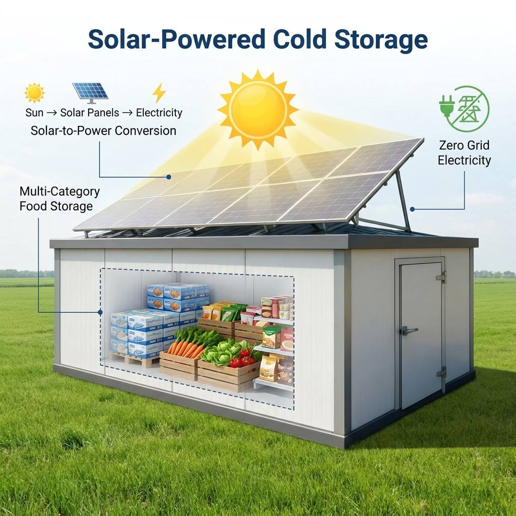 Solar Powered Cold Storage Room Automatic Off Grid Walk in Freezer with Copeland Sanyo Refrigeration System for Food Storage CE